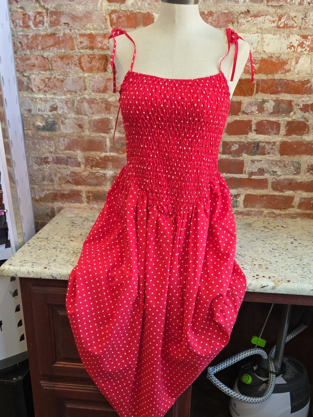 Girls Red Polka Dot Tie-Shoulder Smocked Dress